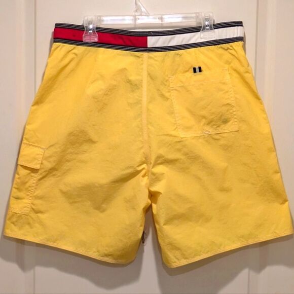 EUC 90s Tommy Hilfiger L Yellow Swim Trunks with Iconic Red and White Waistband - Picture 6 of 7